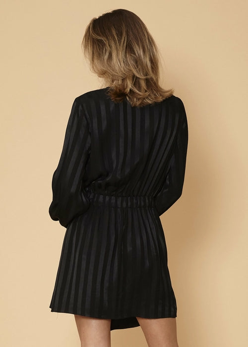 Stripe Satin Long Sleeve Mini Dress in Black