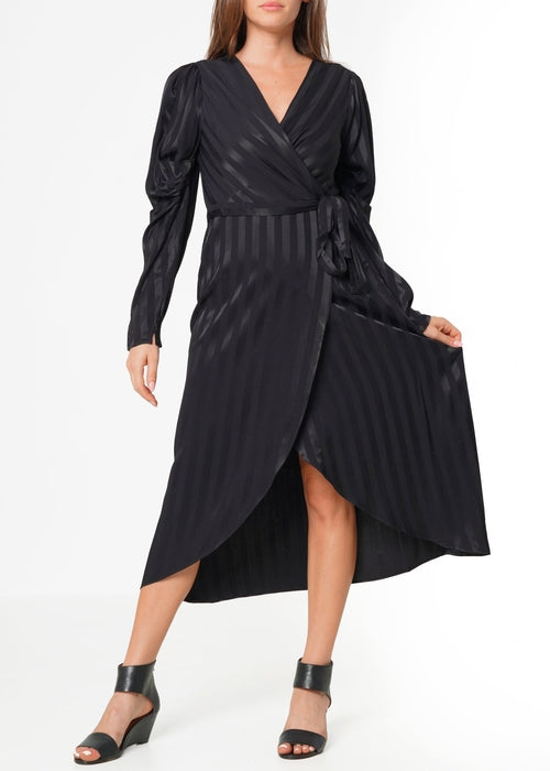 Stripe Satin Long Sleeve Mini Dress in Black